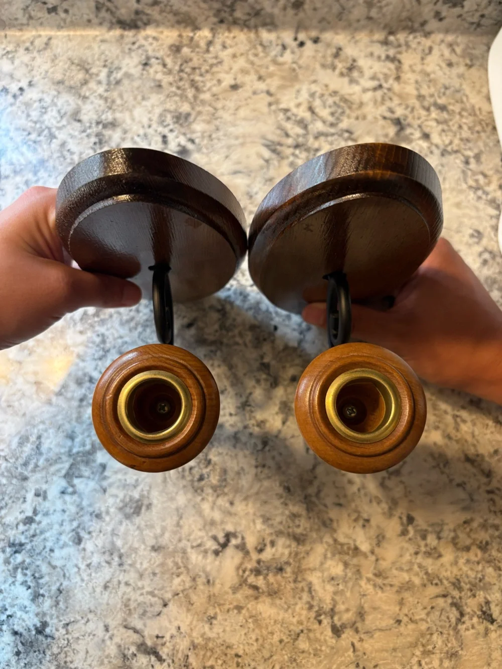 Set of two vintage wall sconces - wood and metal